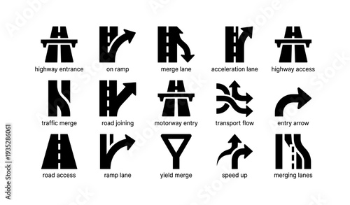 Highway and road signs: entrance, merge, and traffic flow symbols