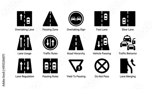 Traffic signs icons: passing, overtaking, lane usage, yield, do not pass