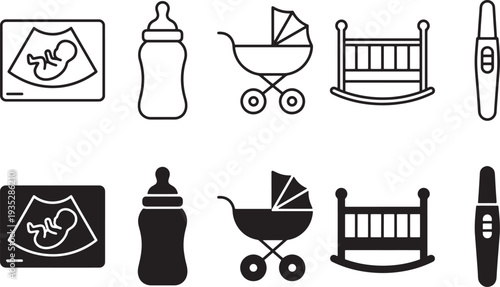 Baby and Newborn Icons Set with Ultrasound, Milk Bottle, Stroller, Crib and Pregnancy Test Symbols
