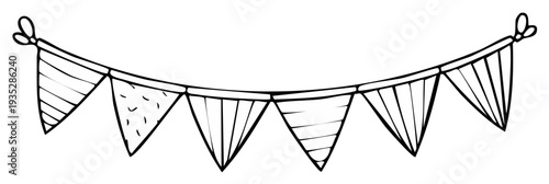 Outlined bunting banner design with triangle flags, party decoration elements.
