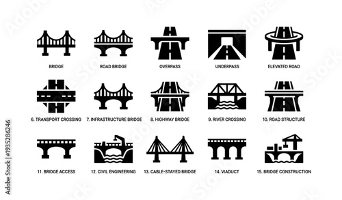 Bridge icons set: infrastructure, viaduct, elevated road, overpass, underpass designs