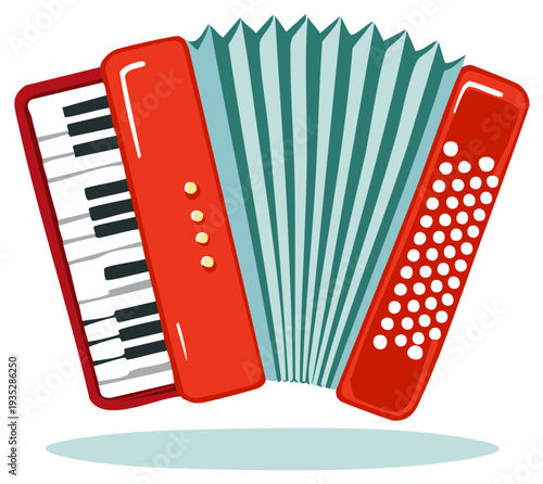 Vibrant red accordion musical instrument cartoon illustration with piano keys