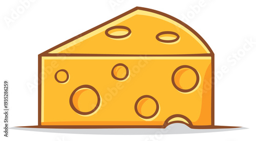 Yellow wedge of swiss cheese with holes and brown outline on a white background