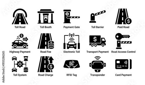 Transportation icons: toll road, payment gate, rfid tag, card payment, electronic toll