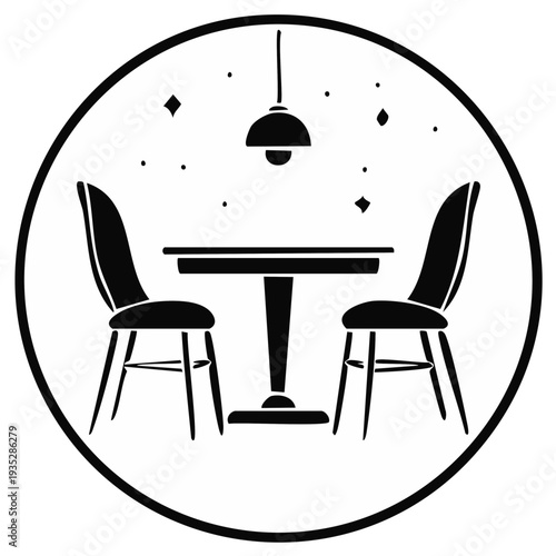 Minimalist dining interior with two chairs, table, and pendant lamp, inside circular frame, stars.
