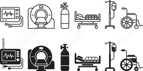Hospital and Medical Equipment Icons Set with ECG Monitor, MRI Scanner, Oxygen Tank, Hospital Bed, IV Stand and Wheelchair Symbols