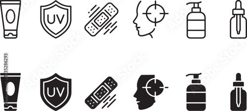Skin Care and Dermatology Icons Set with Sunscreen, UV Protection, Bandage, Face Treatment, Lotion and Serum Symbols