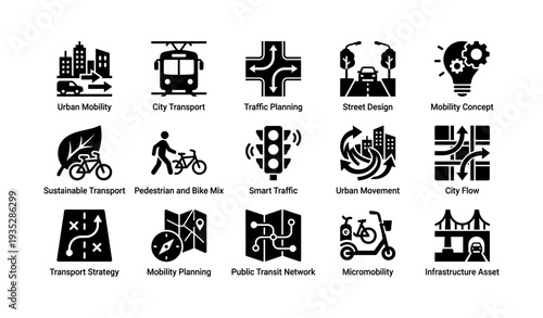 Urban mobility icons set - city transport, traffic planning, street design, smart traffic solutions