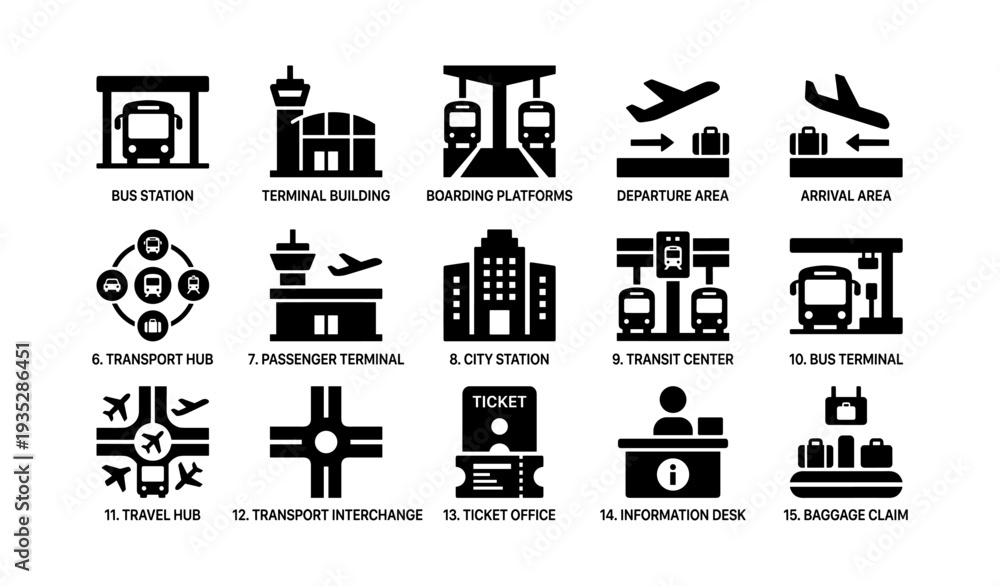 Obraz premium Transportation icons set: bus, airport, train, ticket office, information desk
