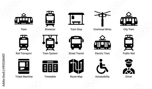 Public transit icons: tram streetcar bus accessibility map timetable