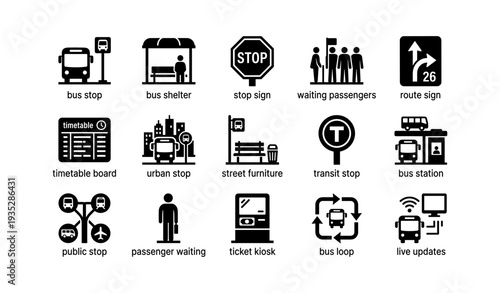 Public transit icons: bus, shelter, stop sign, passengers, route information symbols