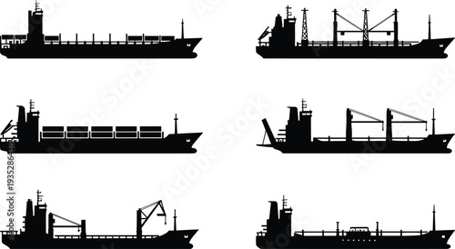 Cargo Ship Silhouette Collection Isolated on White Background, Various Industrial Container and Crane Vessels Vector Illustration Set for Maritime Transport