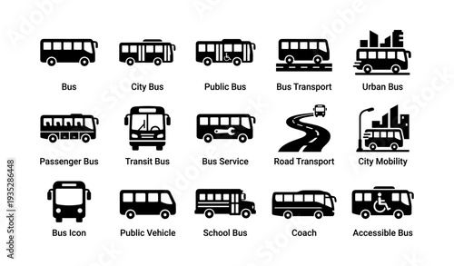 Collection of bus icons: public transit and transportation symbols