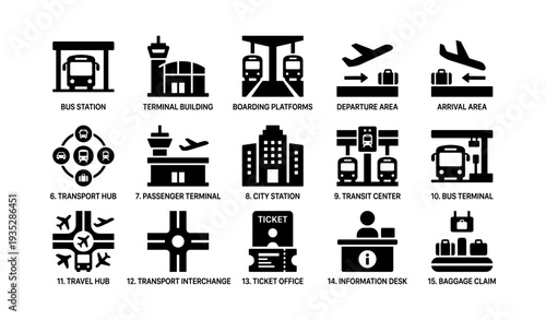 Transportation icons set: bus, airport, train, ticket office, information desk