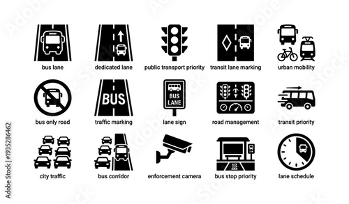 Urban transit icons: bus lanes, traffic management, city mobility