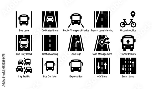 Urban transportation icons: bus lanes, traffic markings, cycling, and mobility management