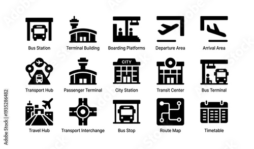 Black icons of transportation and transit hubs including city stations and bus stops