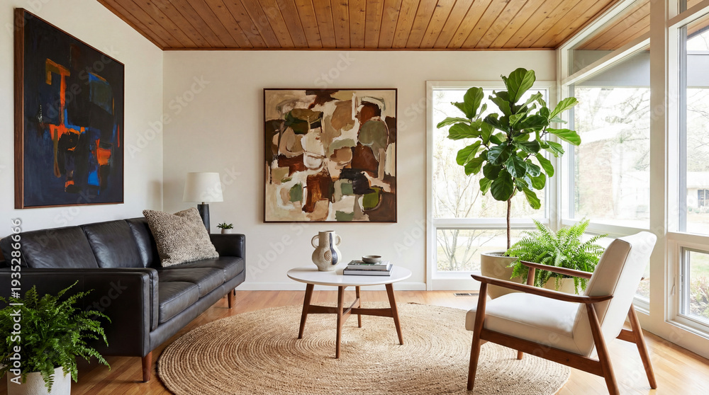 Fototapeta premium Mid-century modern living room with abstract art and natural light