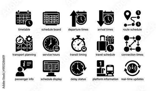 Timetable icons set: schedules, departure, arrival, route, transport planning