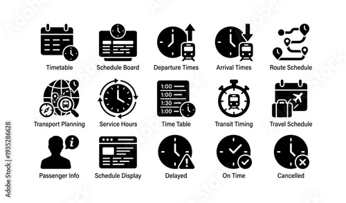 Collection of various black schedule and transport icons on white background