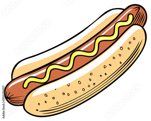 A delicious hot dog topped with mustard in a bun ready to eat