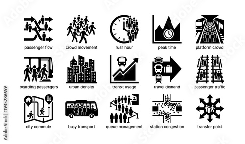 Icons depicting public transport concepts and urban commuting scenarios