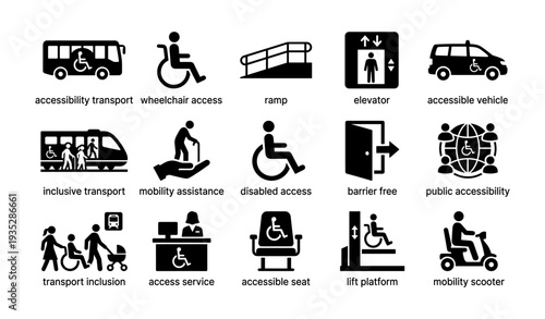 Accessibility icons: transport, mobility assistance, wheelchair access, barrier-free design, inclusive services