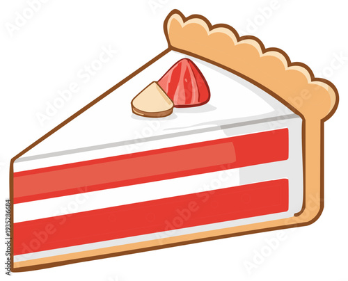 Slice of strawberry layer cake with cream frosting vector illustration