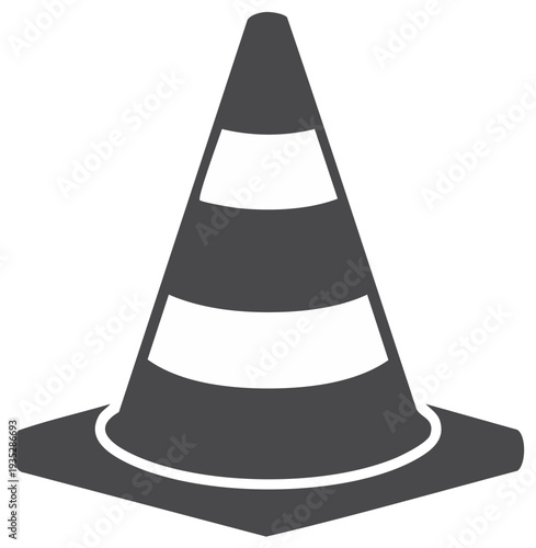 Safety cone illustration in grayscale with white reflective stripes and a square base, road construction element.