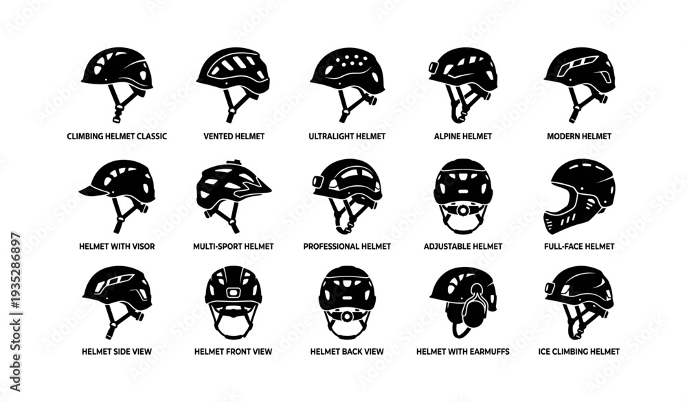 Obraz premium Variety of protective helmets for climbing and sports activities