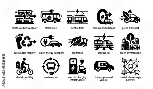Eco-friendly transport icons: electric vehicles, clean energy, sustainable mobility