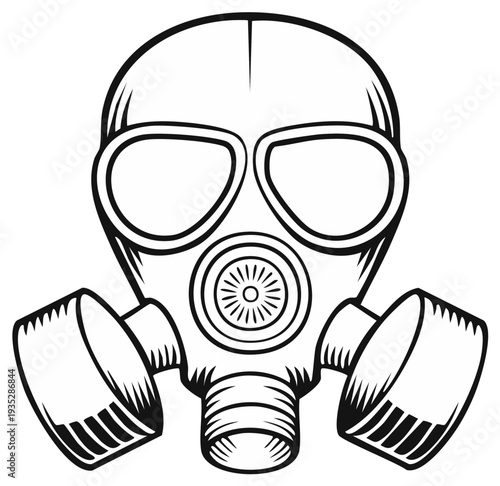 Gas mask illustration in black and white, front view