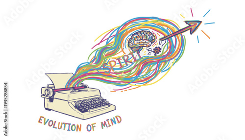 Vintage typewriter releasing rainbow creative energy for digital copywriting agency and evolution of mind content strategy