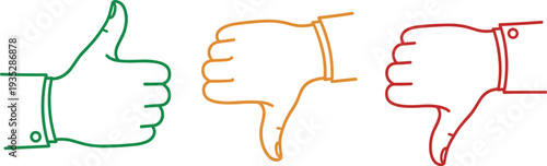 Thumbs up and thumbs down hand gestures, positive and negative feedback outline vector illustration isolated on white background