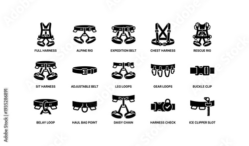 Climbing safety harness types and features with labels