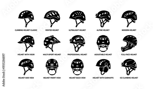 Variety of protective helmets for climbing and sports activities