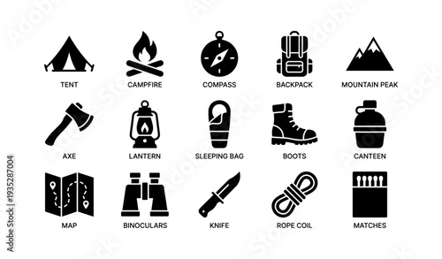 Camping gear icons: essential outdoor equipment for adventure