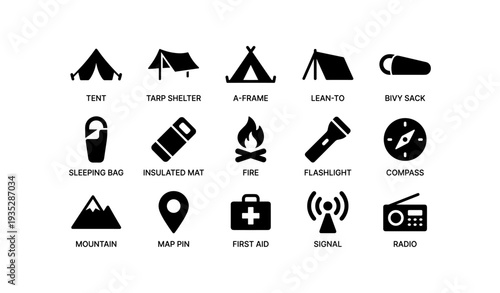 Camping gear icons set featuring shelters, tools, and essentials