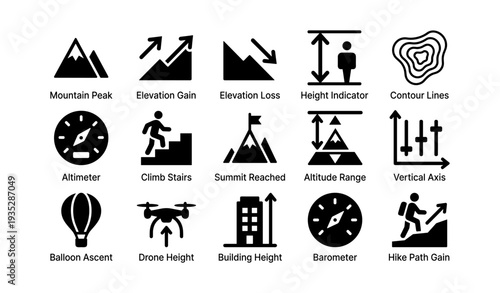 Infographic symbols: mountain, elevation, altimeter, summit, drone