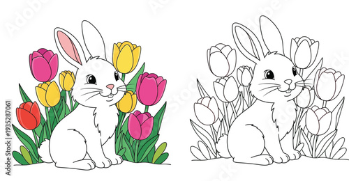 Spring illustration featuring a cute bunny sitting among tulips, presented as both a full-color vector and a black-and-white outline for kids coloring books.
