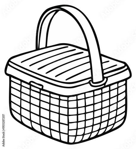 Simple Outline Drawing of a Picnic Basket with Lid and Handle for Outdoor Activities and Food Storage