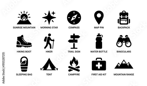 Outdoor adventure icons: hiking, camping, trekking, navigation, safety essentials