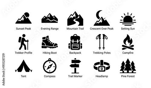 Outdoor adventure icons: mountains, trekking, camping, and navigation symbols