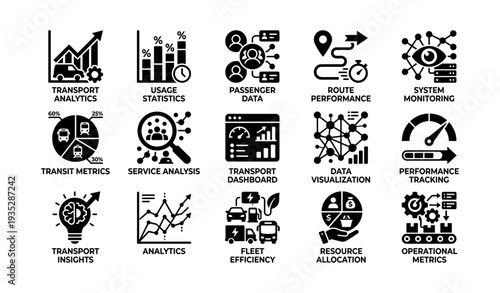 Transport system analytics and performance metrics icons collection