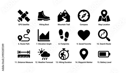 Outdoor navigation icons: gps, hiking boot, mountain, compass, map, route, graph, footprints, heart