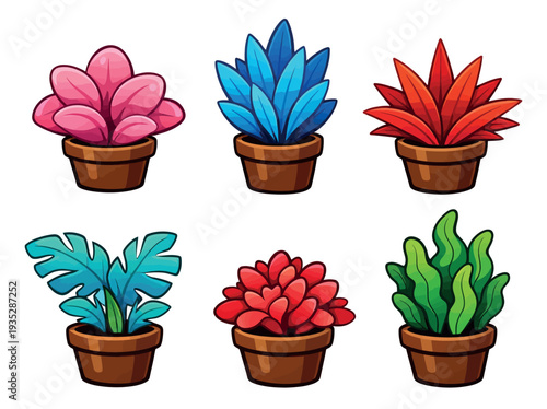 Cartoon potted plant set featuring various colorful houseplants for digital decoration