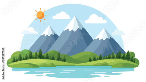 Flat design illustration of a mountain landscape depicting a peaceful nature scene for outdoor recreation