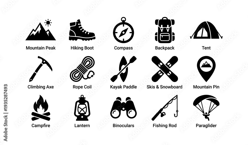 Fototapeta premium Outdoor adventure icons set featuring hiking, camping, and winter sports equipment