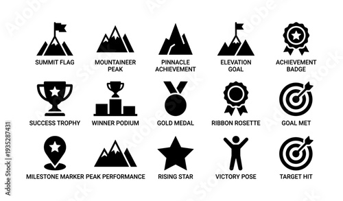 Achievement icons: flags, trophies, medals, goals, mountains, stars, ribbons