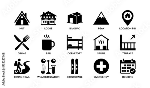 Mountain resort symbols: hut, lodge, dining, ski storage, hiking trail